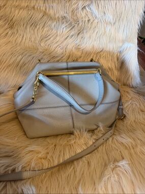 J. Crew Light Gray Leather Structured Shoulder Bag with Gold Hardware